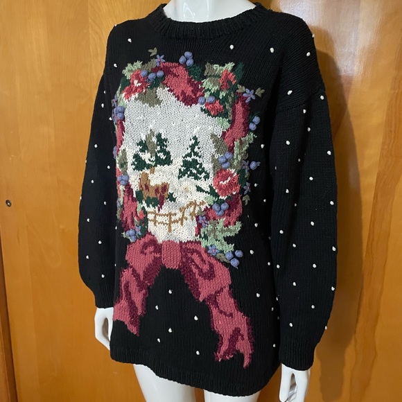 Vintage Susan Bristol 1994 Christmas Wreath Polkadot Ugly Sweater Black Large - Picture 2 of 11